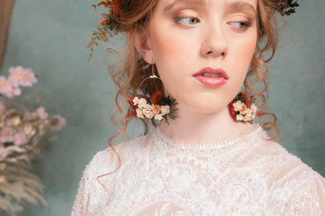 Terracotta Flower Circle Earrings: Autumn Wedding Jewelry – handmade floral hair accessory by magaela