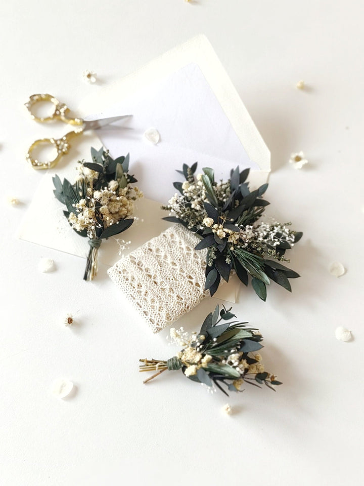 Eucalyptus Wedding Floral Set: Olive, Rosemary, Baby's Breath – handmade floral hair accessory by magaela