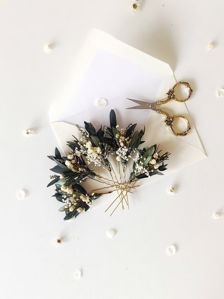 Eucalyptus Wedding Floral Set: Olive, Rosemary, Baby's Breath – handmade floral hair accessory by magaela