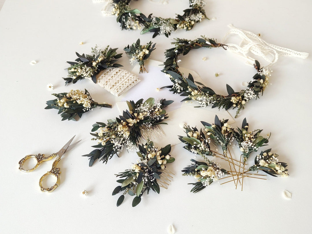 Eucalyptus Wedding Floral Set: Olive, Rosemary, Baby's Breath – handmade floral hair accessory by magaela