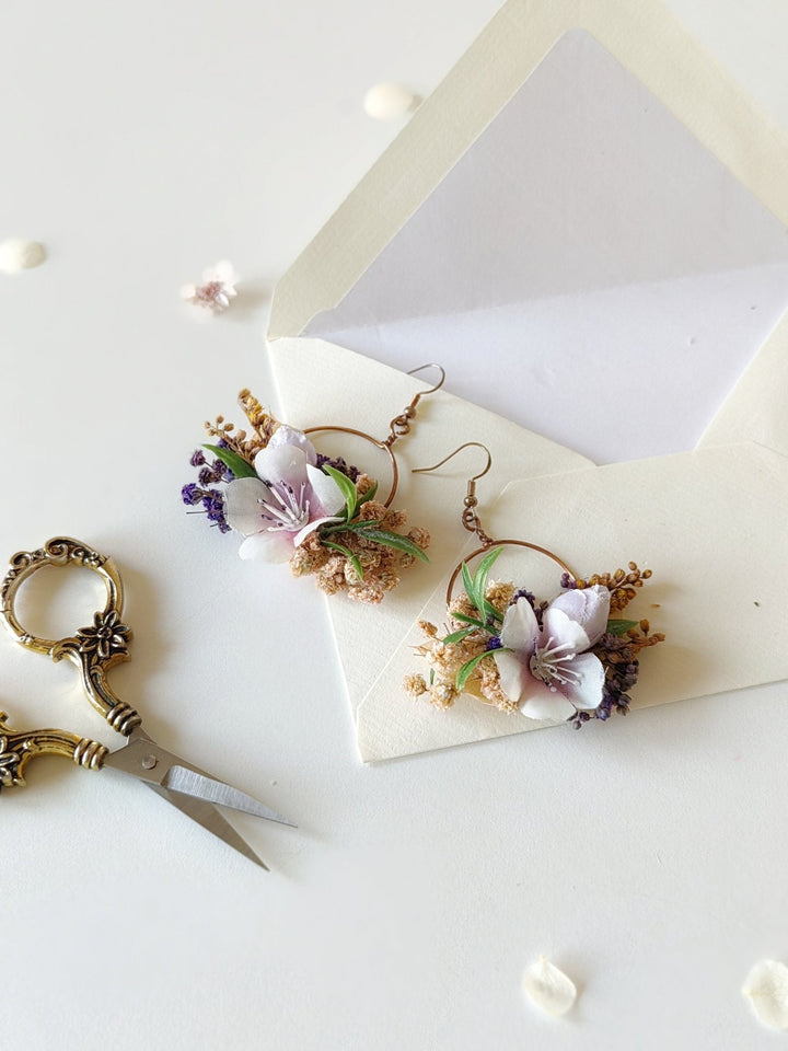 Purple Flower Earrings: Circle Wedding Jewelry, Bridal Accessories – handmade floral hair accessory by magaela