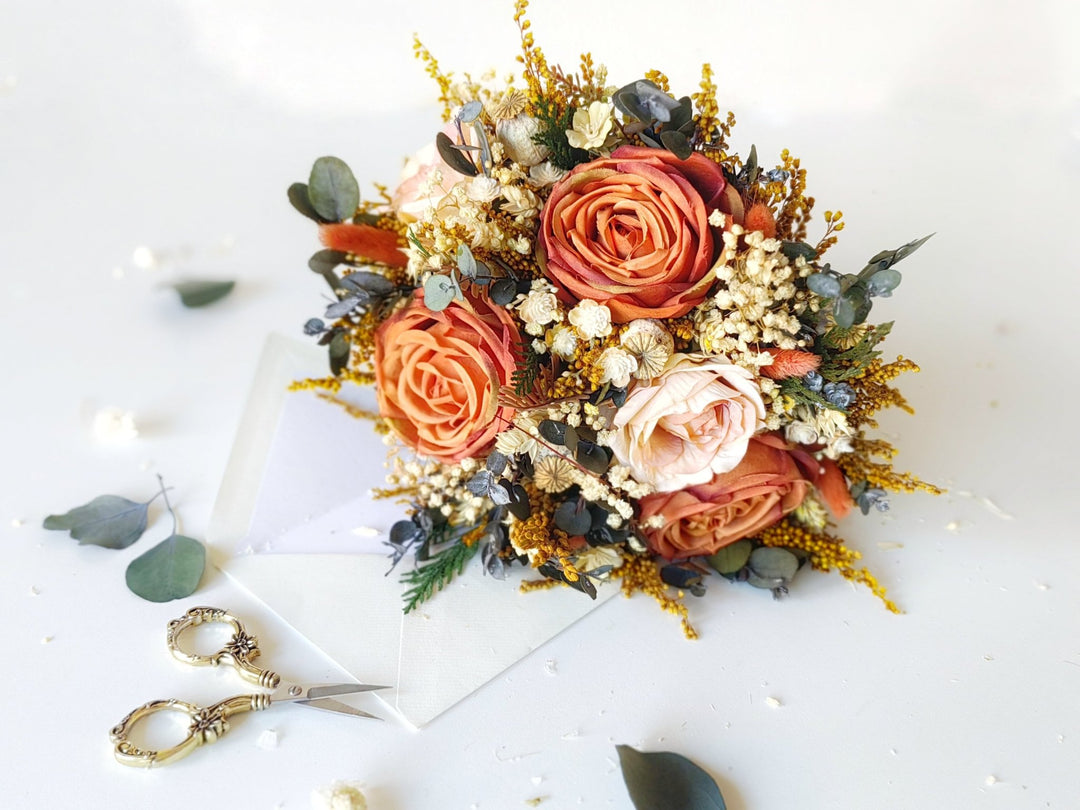 Terracotta Bridal Bouquet: Rustic Autumn Boho Wedding Flowers – handmade floral hair accessory by magaela