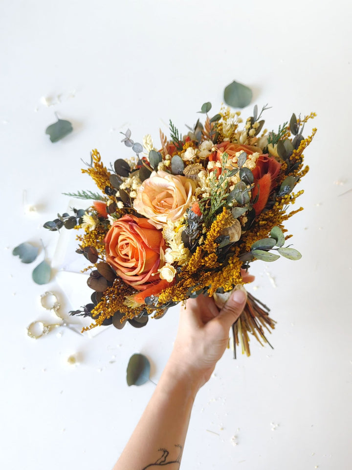 Terracotta Bridal Bouquet: Rustic Autumn Boho Wedding Flowers – handmade floral hair accessory by magaela