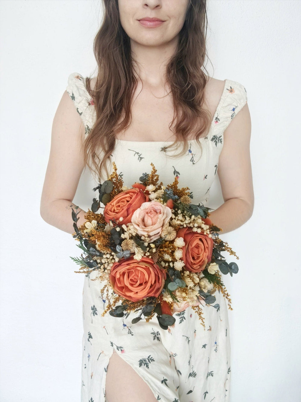 Terracotta Bridal Bouquet: Rustic Autumn Boho Wedding Flowers – handmade floral hair accessory by magaela