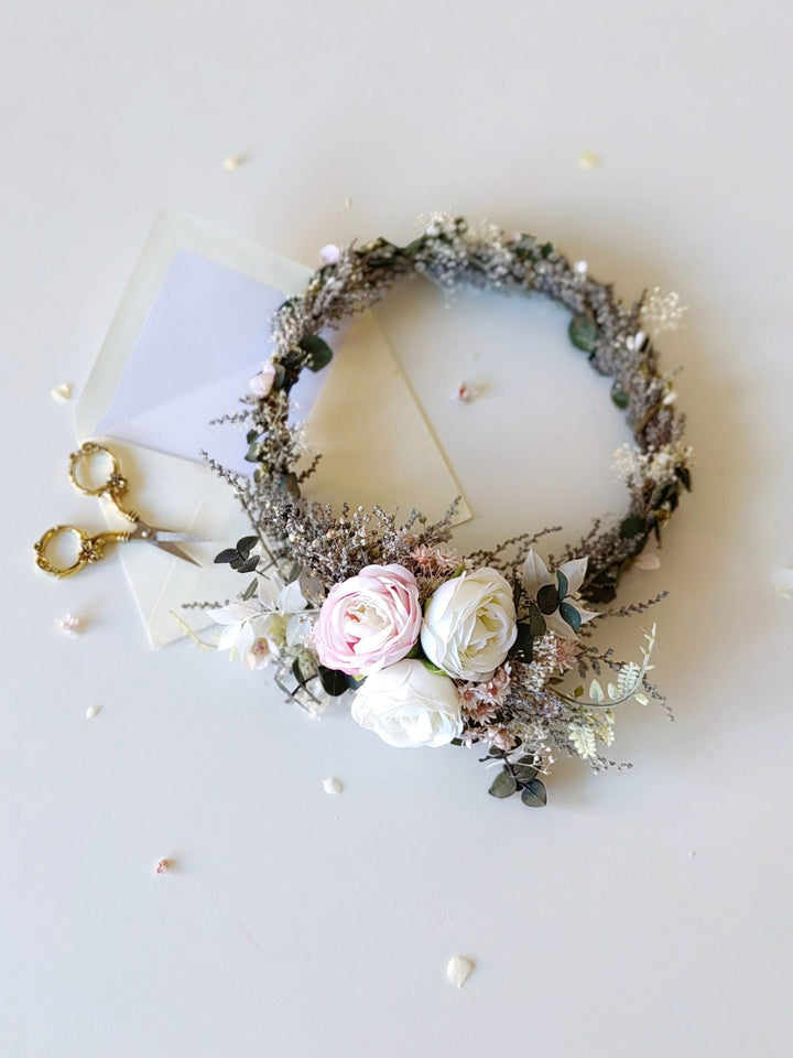 Boho Wedding Flower Crown: Romantic Hair Wreath with Comb – handmade floral hair accessory by magaela