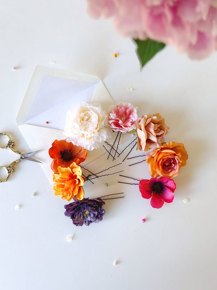 Frida Flower Hairpins: Colorful Boho Wedding Hair Accessories – handmade floral hair accessory by magaela