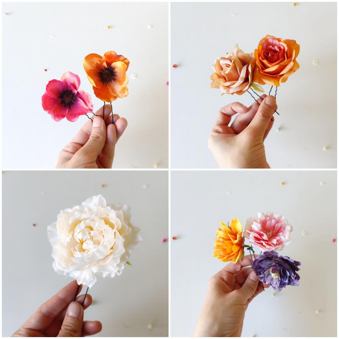 Frida Flower Hairpins: Colorful Boho Wedding Hair Accessories – handmade floral hair accessory by magaela