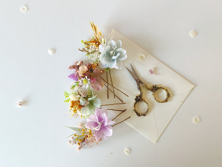 Wildflower Hair Pins: Pastel Rainbow Meadow Hair Accessories – handmade floral hair accessory by magaela