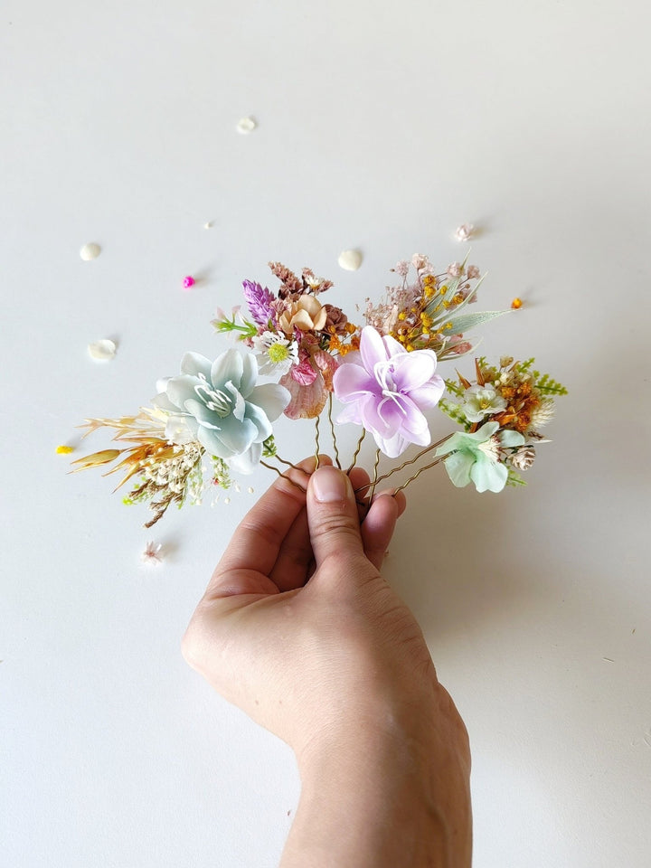 Wildflower Hair Pins: Pastel Rainbow Meadow Hair Accessories – handmade floral hair accessory by magaela