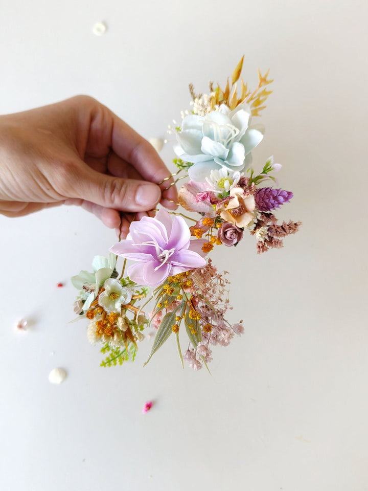 Wildflower Hair Pins: Pastel Rainbow Meadow Hair Accessories – handmade floral hair accessory by magaela