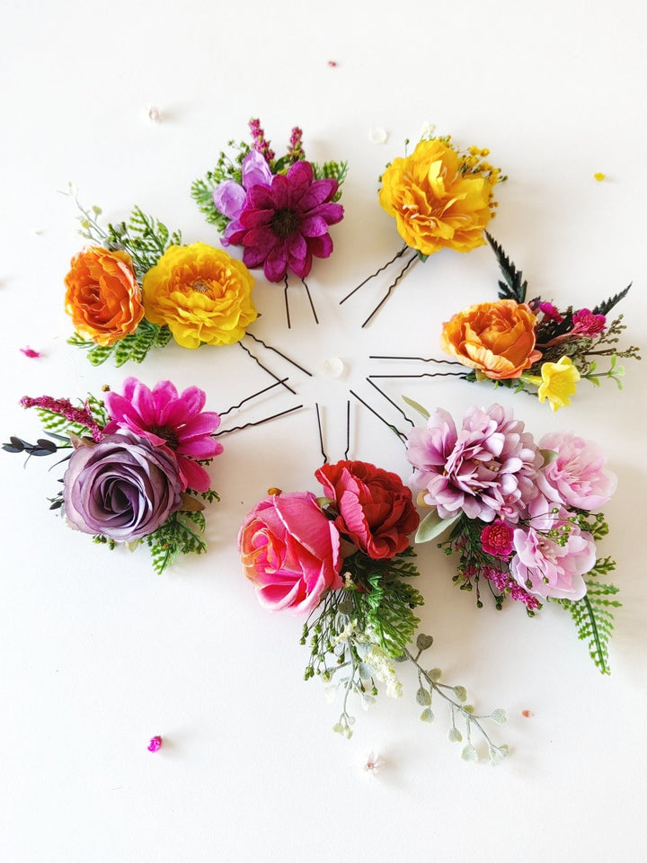Frida Style Flower Hairpins: Colorful Boho Wedding Hair Accessories – handmade floral hair accessory by magaela