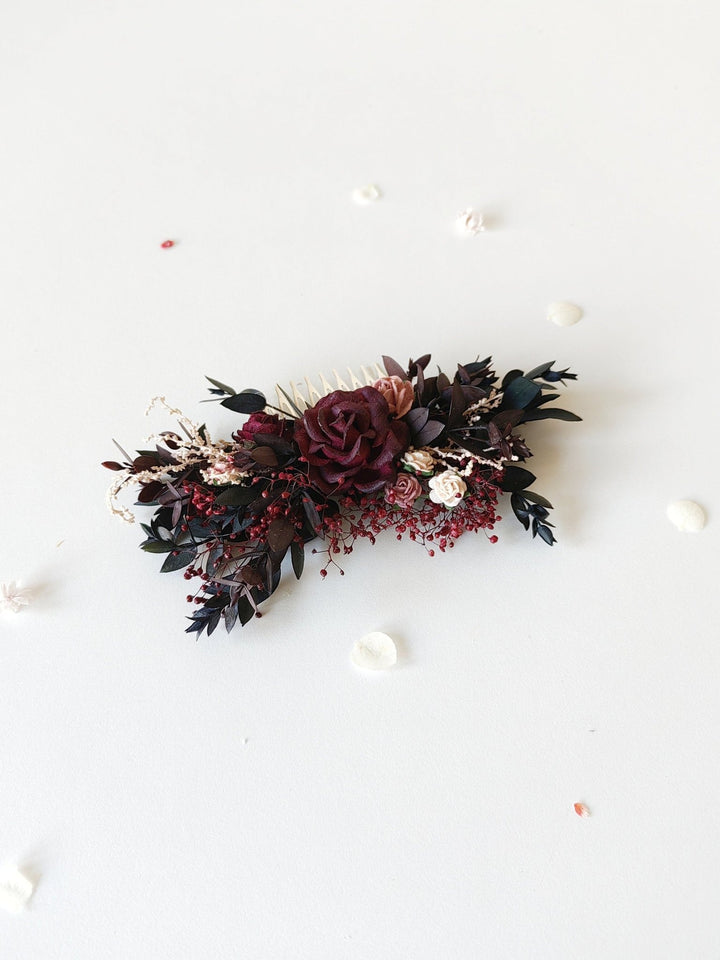Burgundy Flower Hair Comb: Rustic Autumn Wedding Headpiece – handmade floral hair accessory by magaela