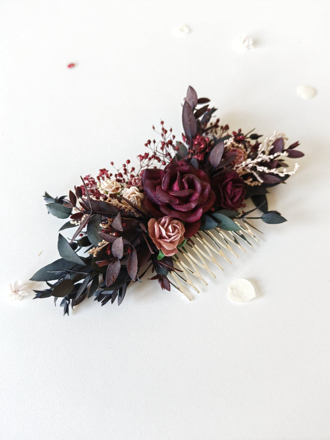 Burgundy Flower Hair Comb: Rustic Autumn Wedding Headpiece – handmade floral hair accessory by magaela