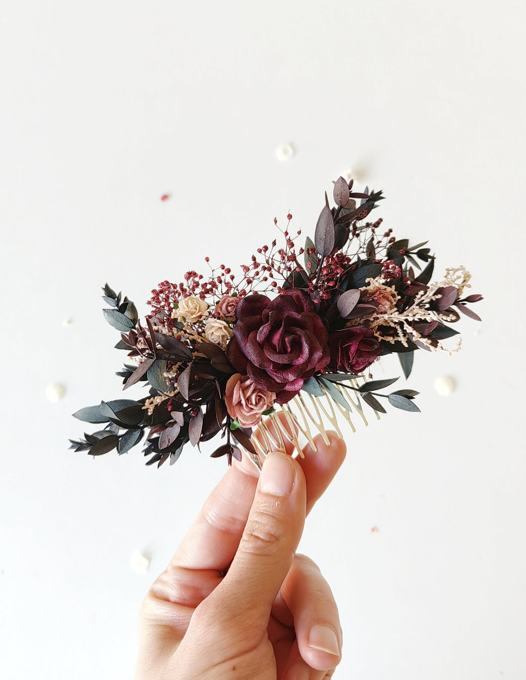 Burgundy Flower Hair Comb: Rustic Autumn Wedding Headpiece – handmade floral hair accessory by magaela