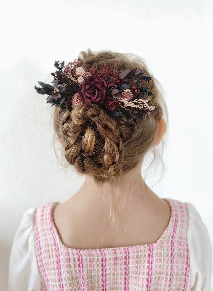 Burgundy Flower Hair Comb: Rustic Autumn Wedding Headpiece – handmade floral hair accessory by magaela