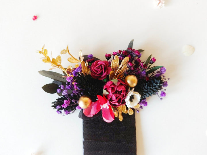 Burgundy Flower Boutonniere: Dark Gothic Wedding Corsage – handmade floral hair accessory by magaela