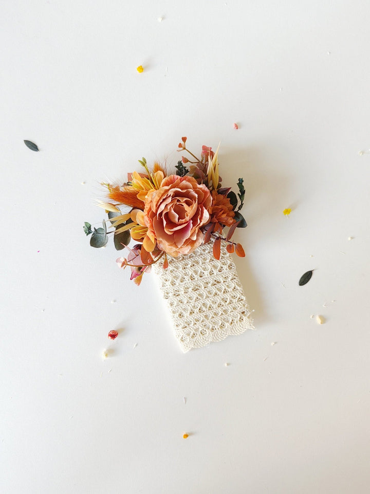 Terracotta Wedding Boutonniere: Rustic Orange Pocket Corsage – handmade floral hair accessory by magaela