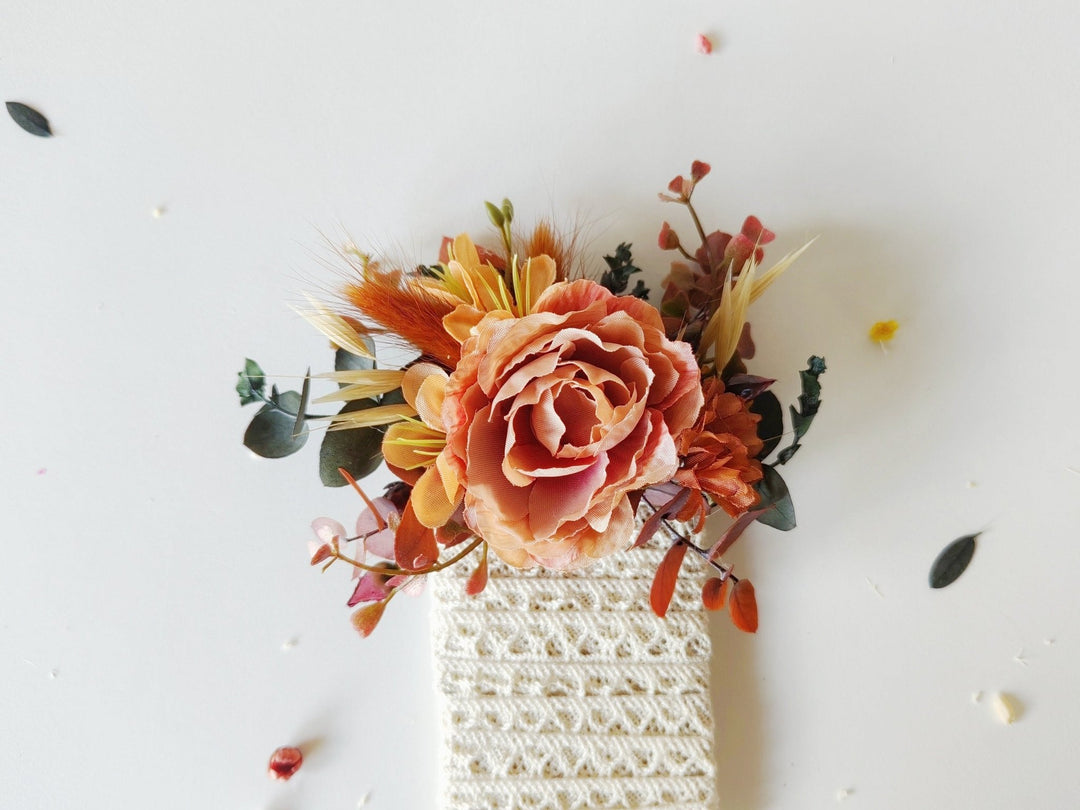 Terracotta Wedding Boutonniere: Rustic Orange Pocket Corsage – handmade floral hair accessory by magaela