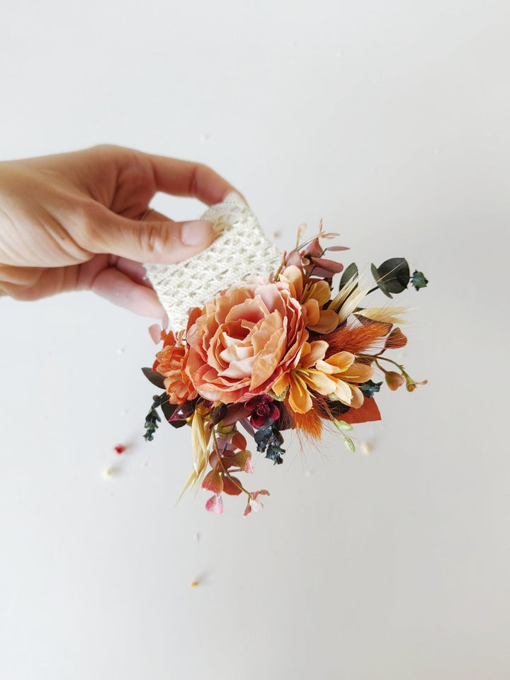 Terracotta Wedding Boutonniere: Rustic Orange Pocket Corsage – handmade floral hair accessory by magaela