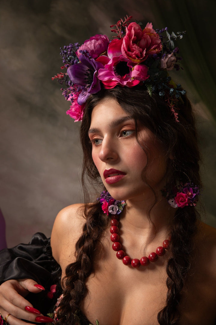 Magenta flower headband: Frida headpiece – handmade floral hair accessory by magaela