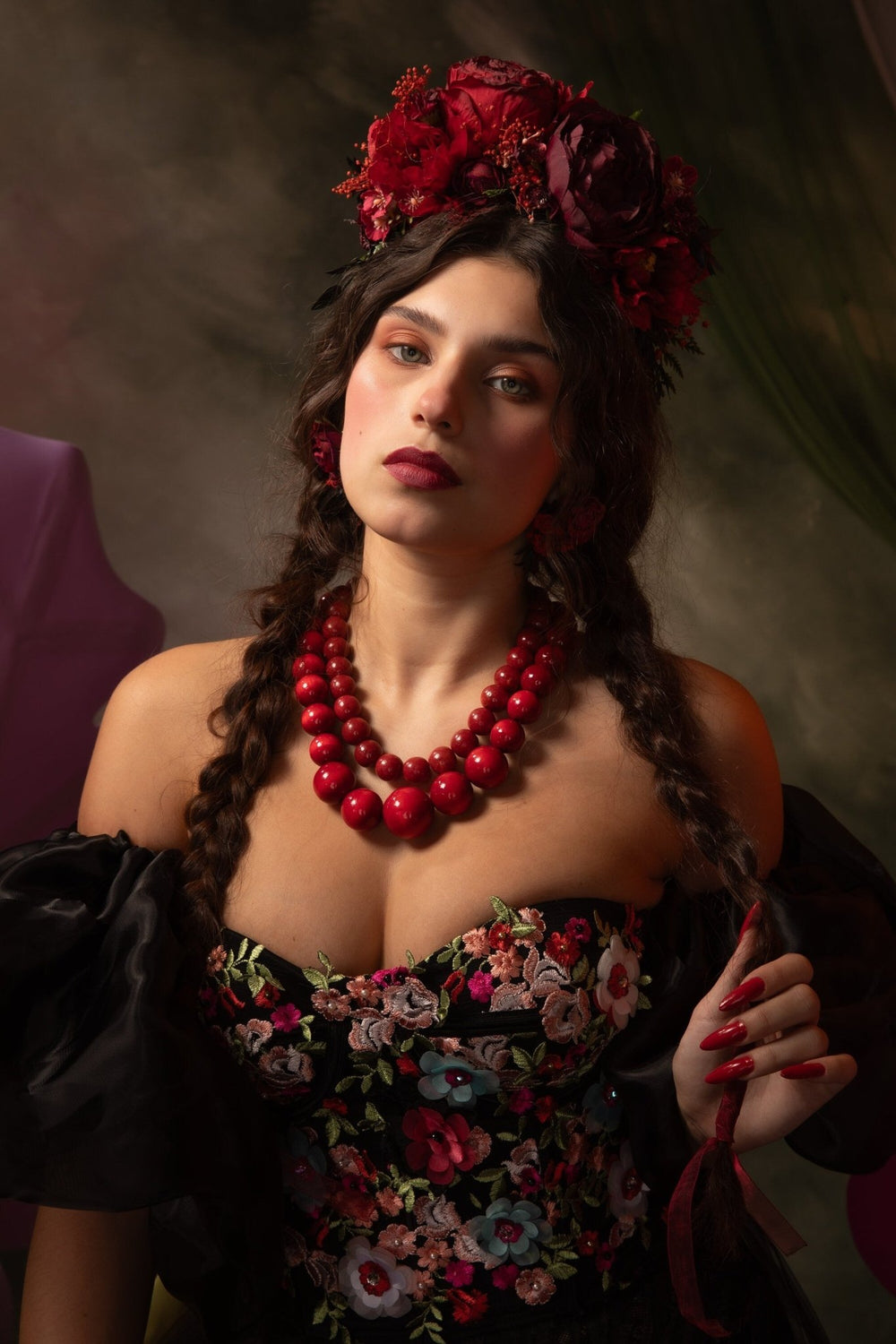 Burgundy Frida Flower Crown Headband: Double Sided Autumn Wedding Accessory – handmade floral hair accessory by magaela