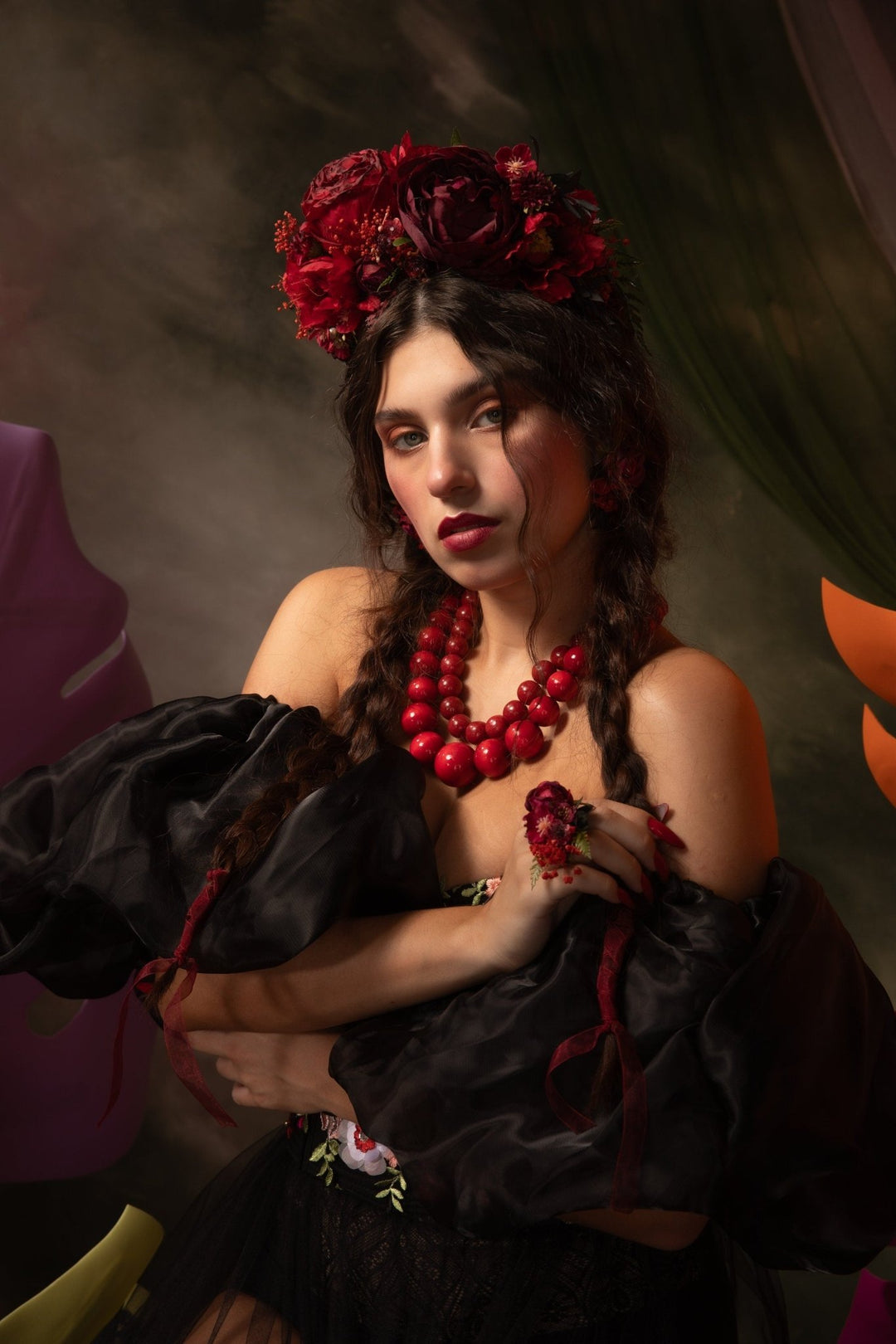 Burgundy Frida Flower Crown Headband: Double Sided Autumn Wedding Accessory – handmade floral hair accessory by magaela