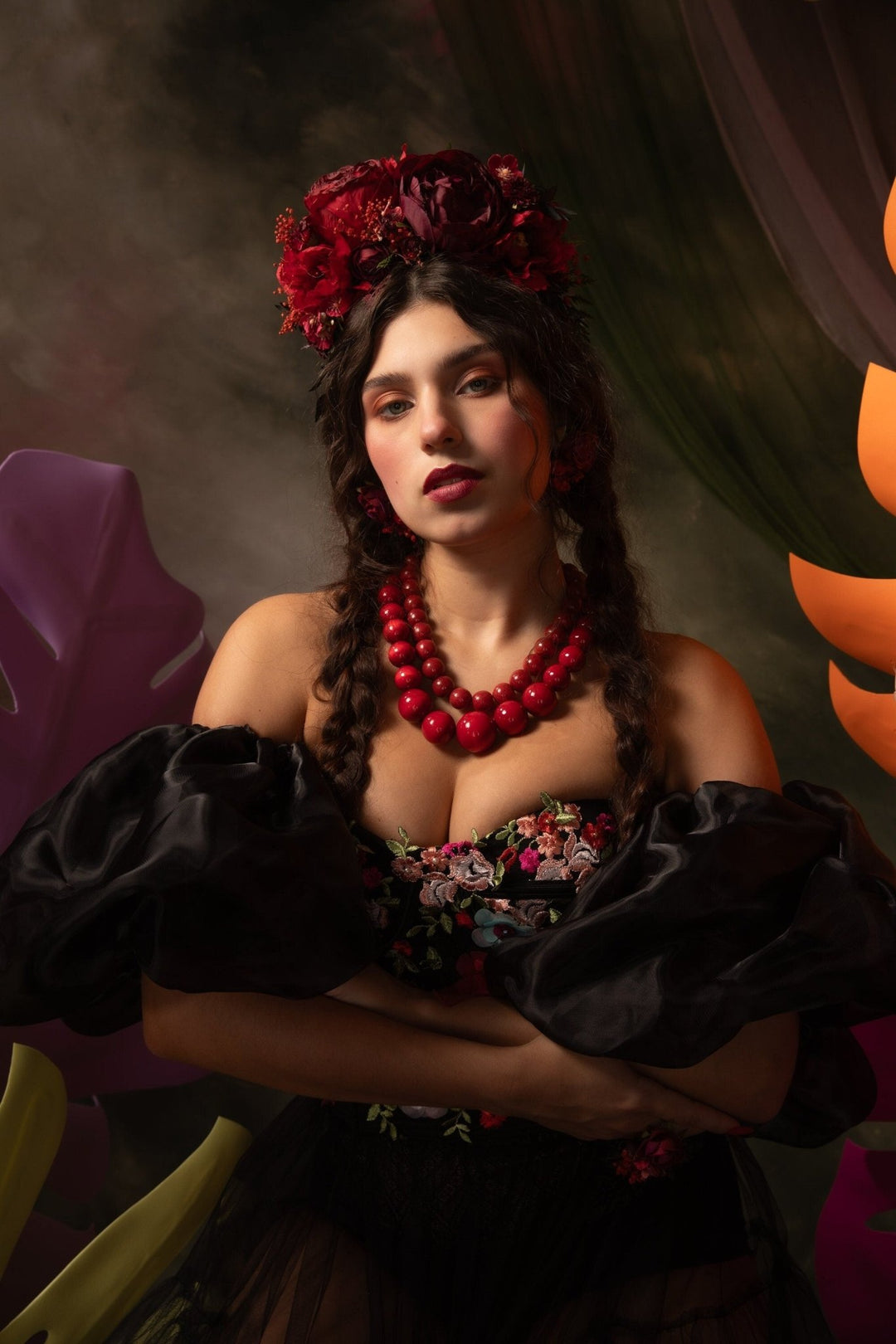 Burgundy Frida Flower Crown Headband: Double Sided Autumn Wedding Accessory – handmade floral hair accessory by magaela