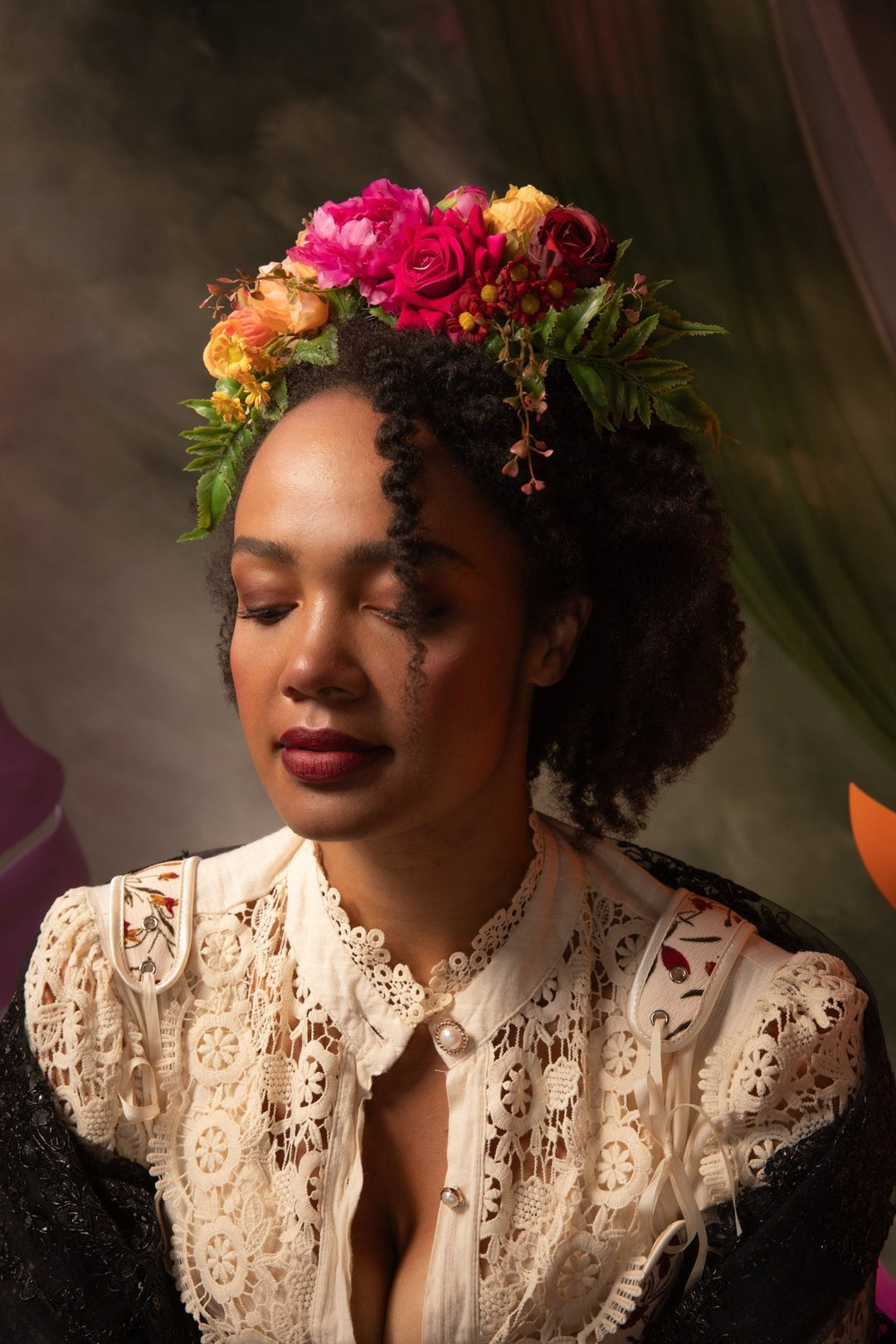 Frida Flower Crown: Pink & Yellow Floral Headband, Double - Sided Design – handmade floral hair accessory by magaela