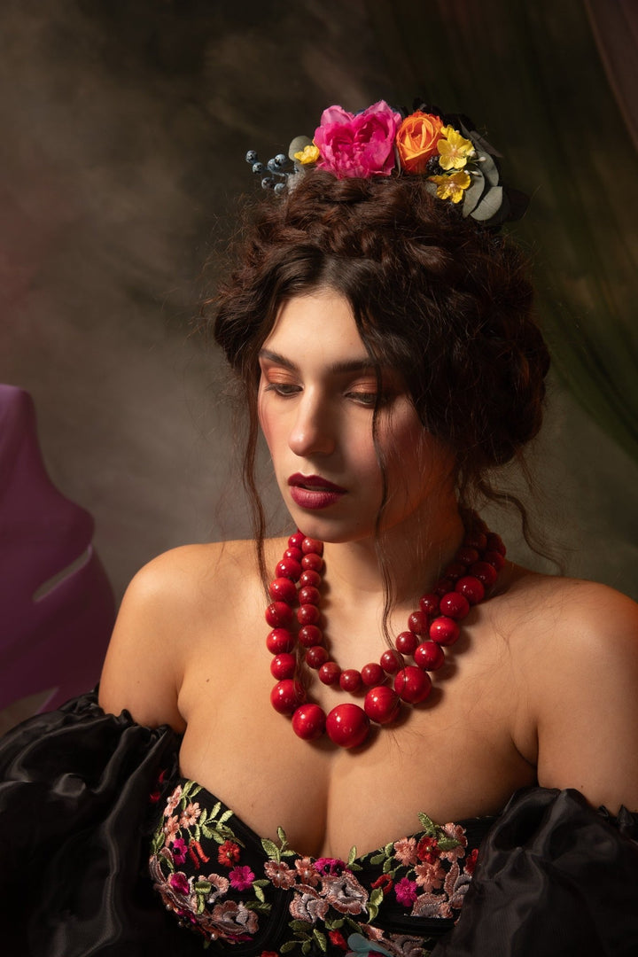 Frida Colorful Flower Headpiece: Summer wedding headband – handmade floral hair accessory by magaela