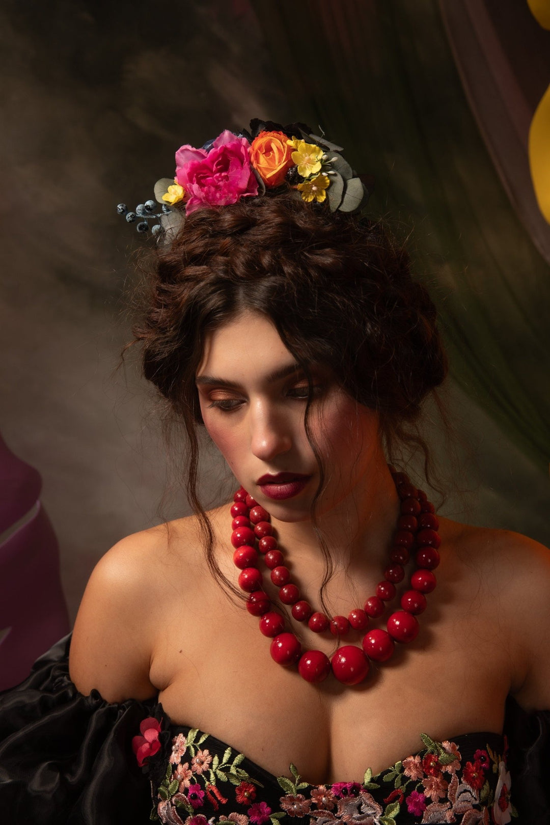 Frida Colorful Flower Headpiece: Summer wedding headband – handmade floral hair accessory by magaela