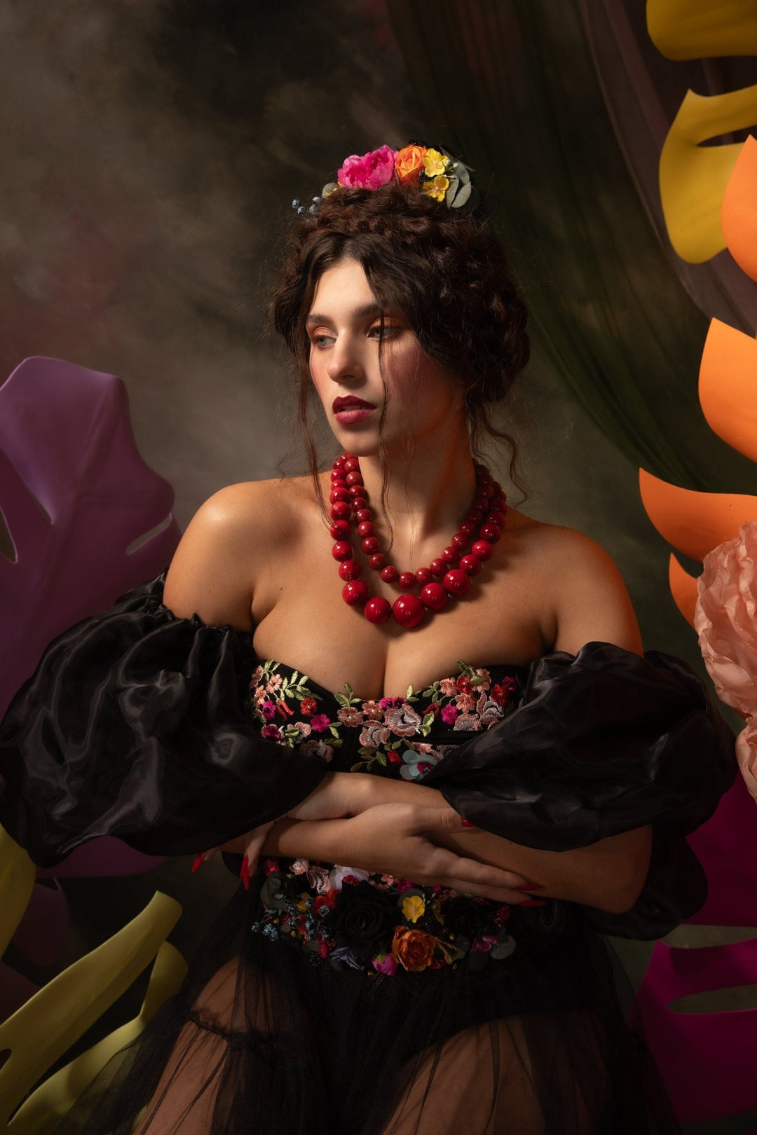 Frida Colorful Flower Headpiece: Summer wedding headband – handmade floral hair accessory by magaela