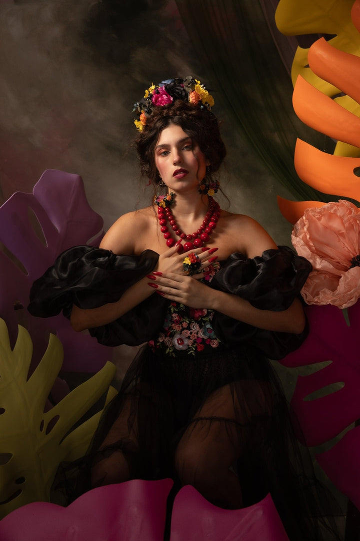 Frida Flower Headpiece: Magenta & Yellow Anemones, Blackberry Accent – handmade floral hair accessory by magaela