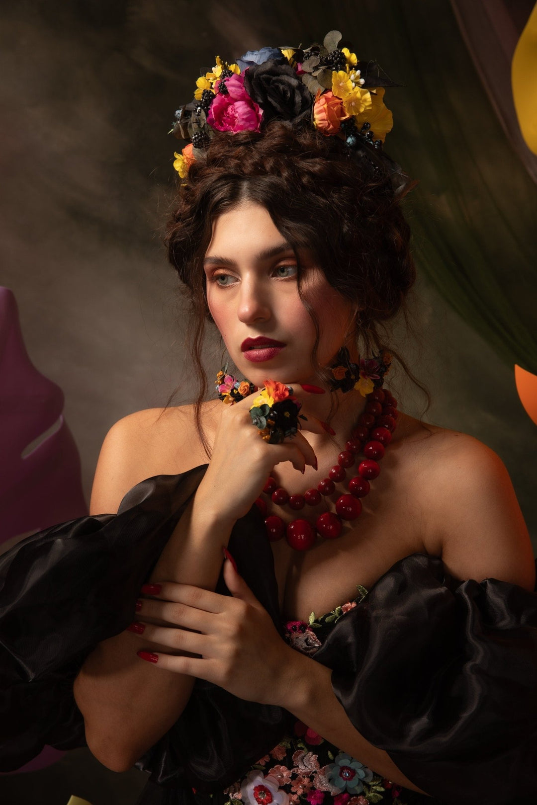 Frida Flower Headpiece: Magenta & Yellow Anemones, Blackberry Accent – handmade floral hair accessory by magaela