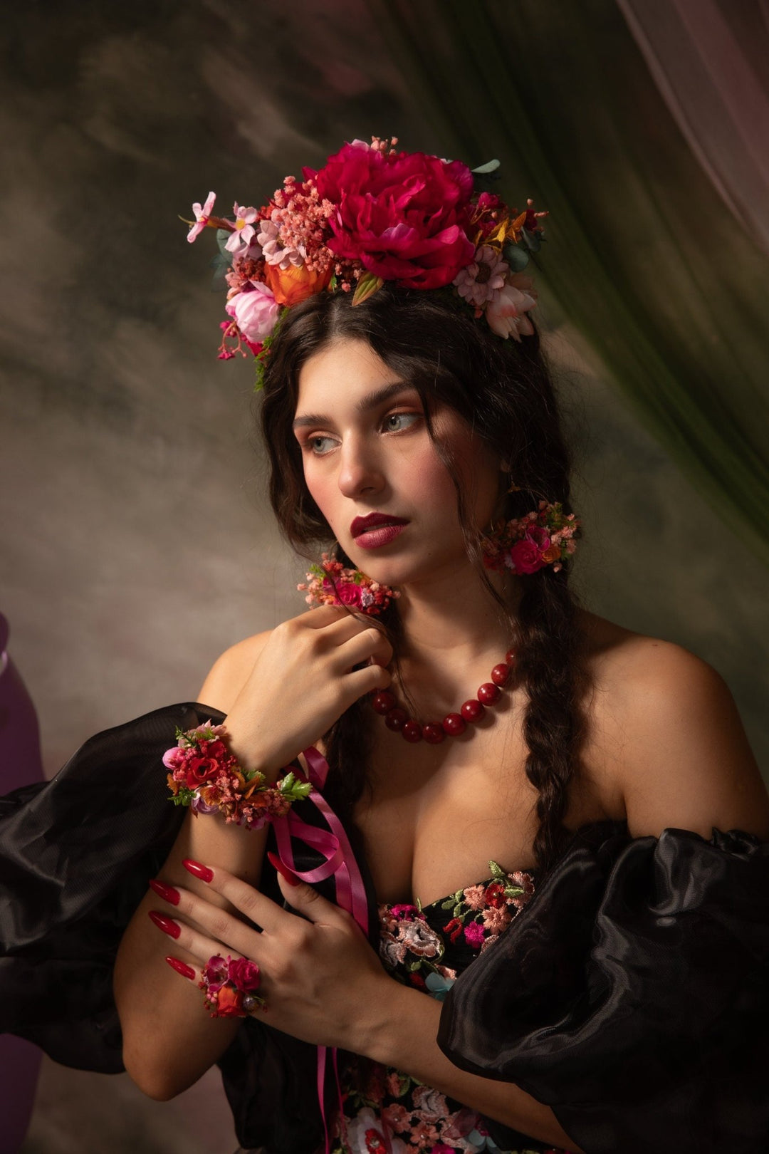 Magenta Frida Flower Headband – Mexican Flower Crown, Boho Wedding Hairpiece, Colorful Floral Headband – handmade floral hair accessory by magaela