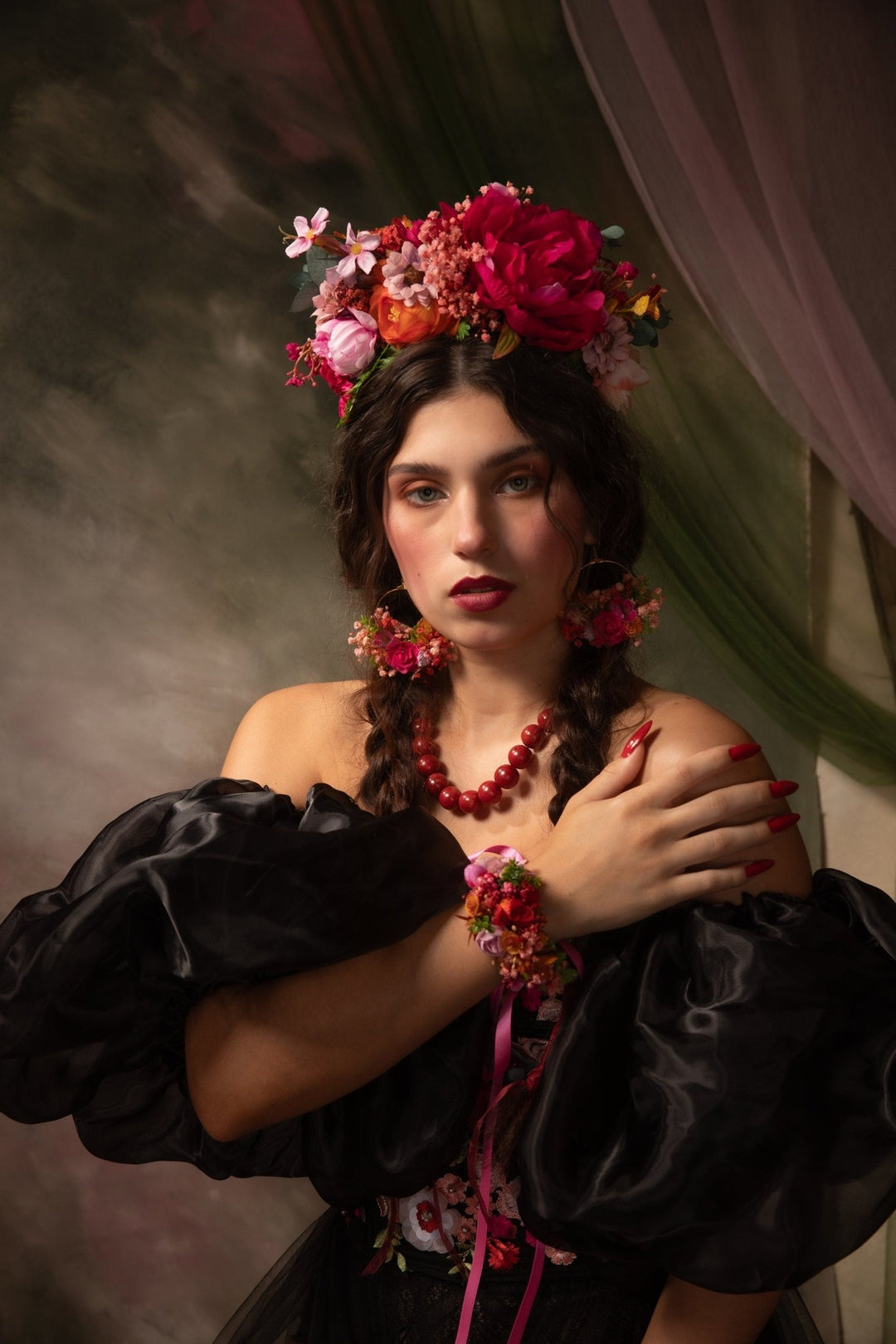 Magenta Frida Flower Headband – Mexican Flower Crown, Boho Wedding Hairpiece, Colorful Floral Headband – handmade floral hair accessory by magaela