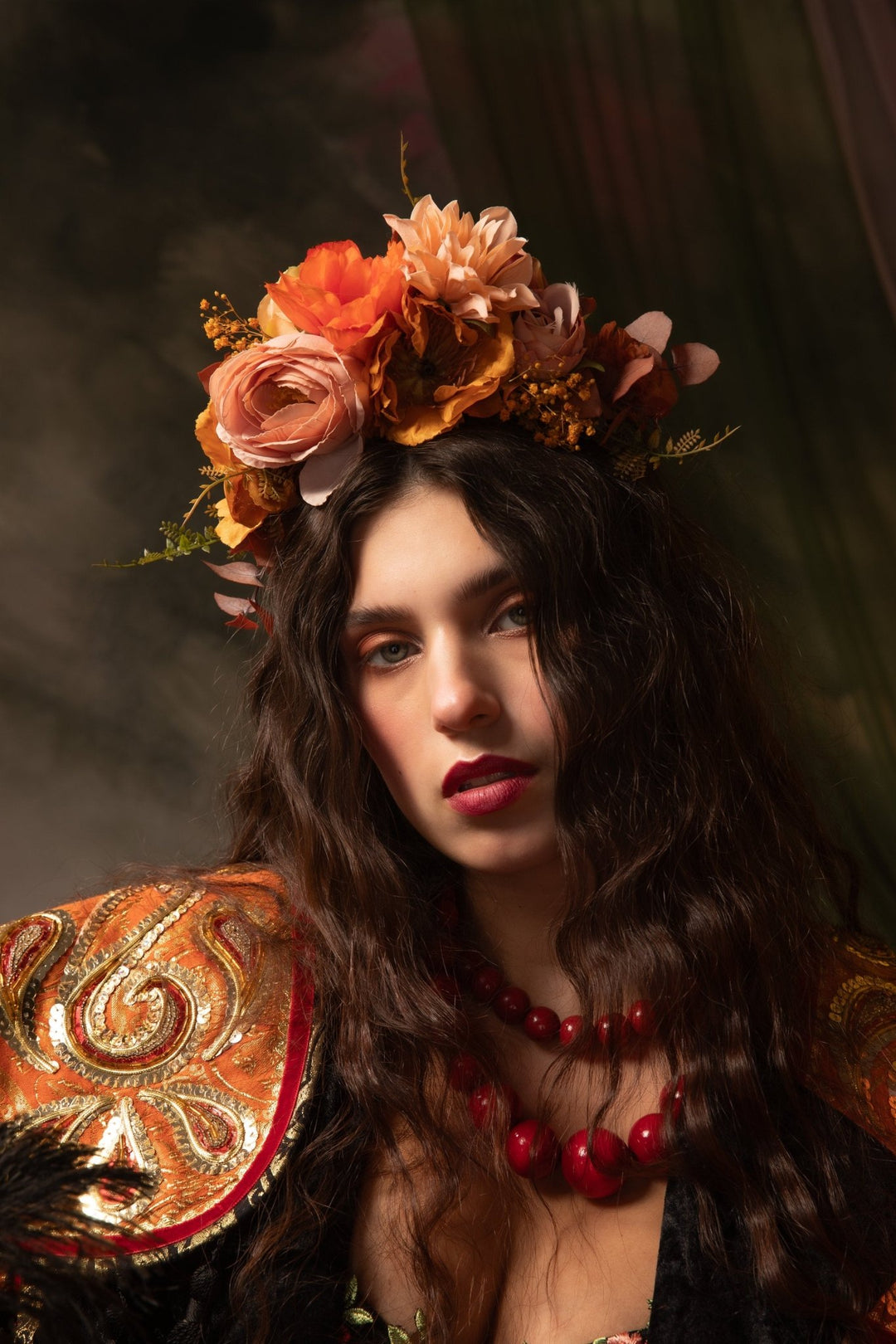 Autumn flower headband: Frida ochre hair crown – handmade floral hair accessory by magaela