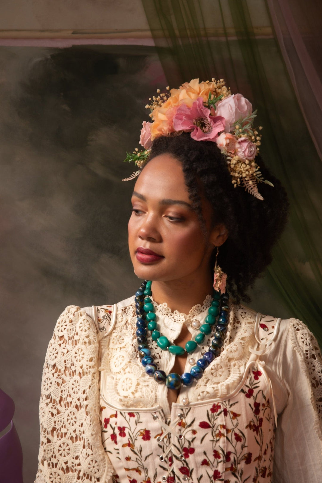 Peach fuzz and pink FRIDA headband: Double sided headband Magaela – handmade floral hair accessory by magaela