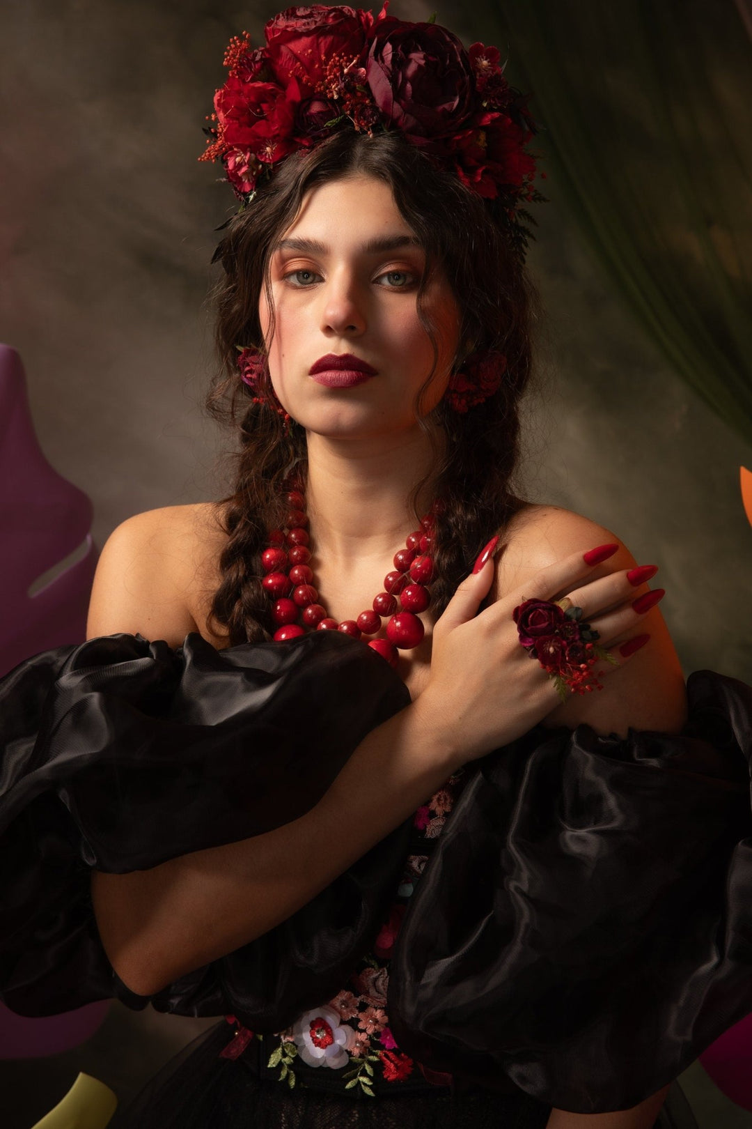 Burgundy Flower Stud Earrings: Dark Red Wedding Jewelry – handmade floral hair accessory by magaela