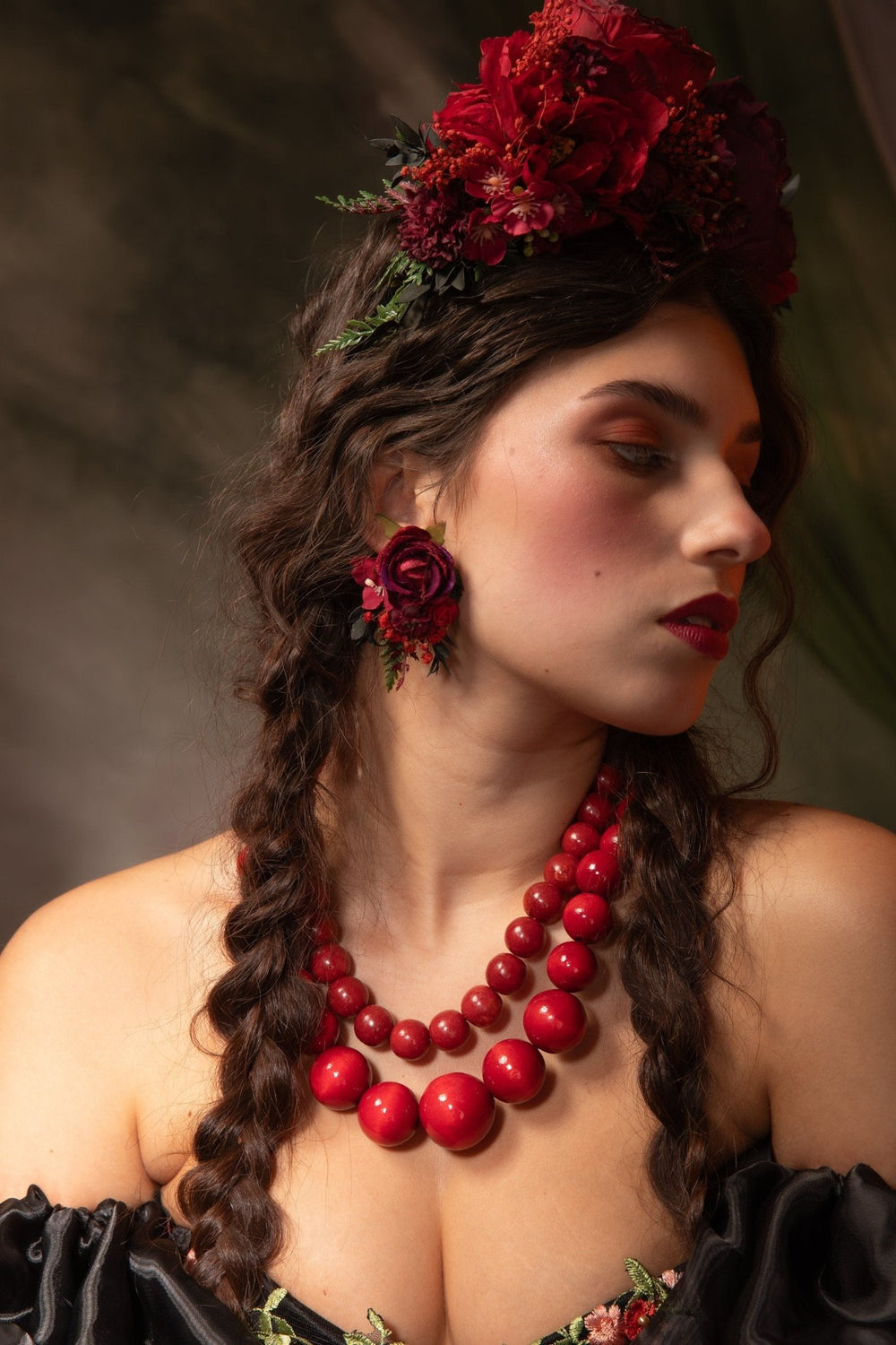 Burgundy Flower Stud Earrings: Dark Red Wedding Jewelry – handmade floral hair accessory by magaela