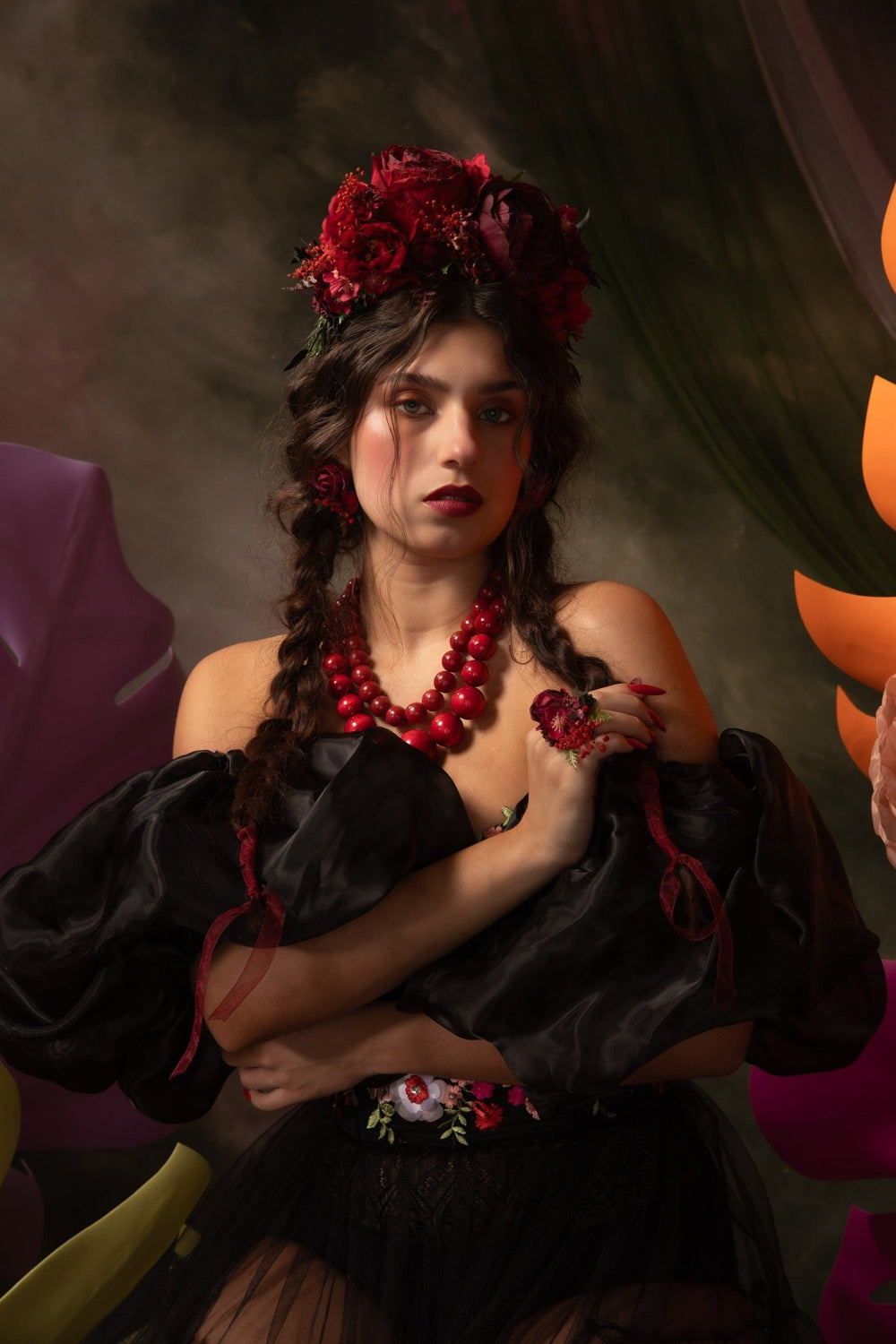 Burgundy Flower Ring: Boho Frida Style Floral Jewelry – handmade floral hair accessory by magaela