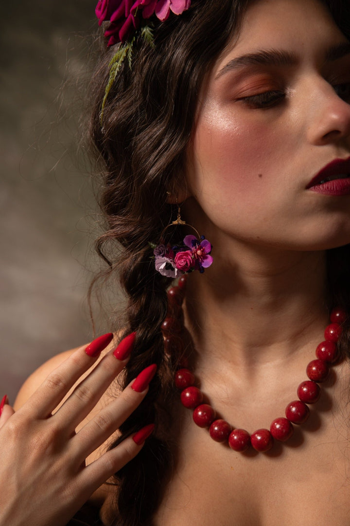 Magenta Flower Circle Earrings: Unique Wedding Jewelry – handmade floral hair accessory by magaela