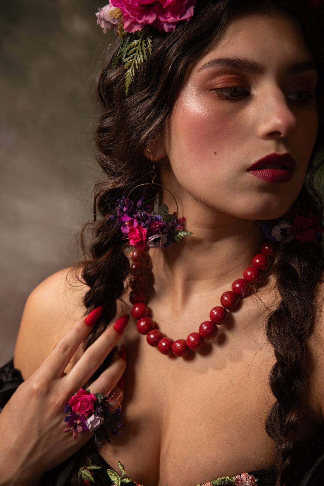 Magenta Flower Circle Earrings: Unique Wedding Jewelry – handmade floral hair accessory by magaela