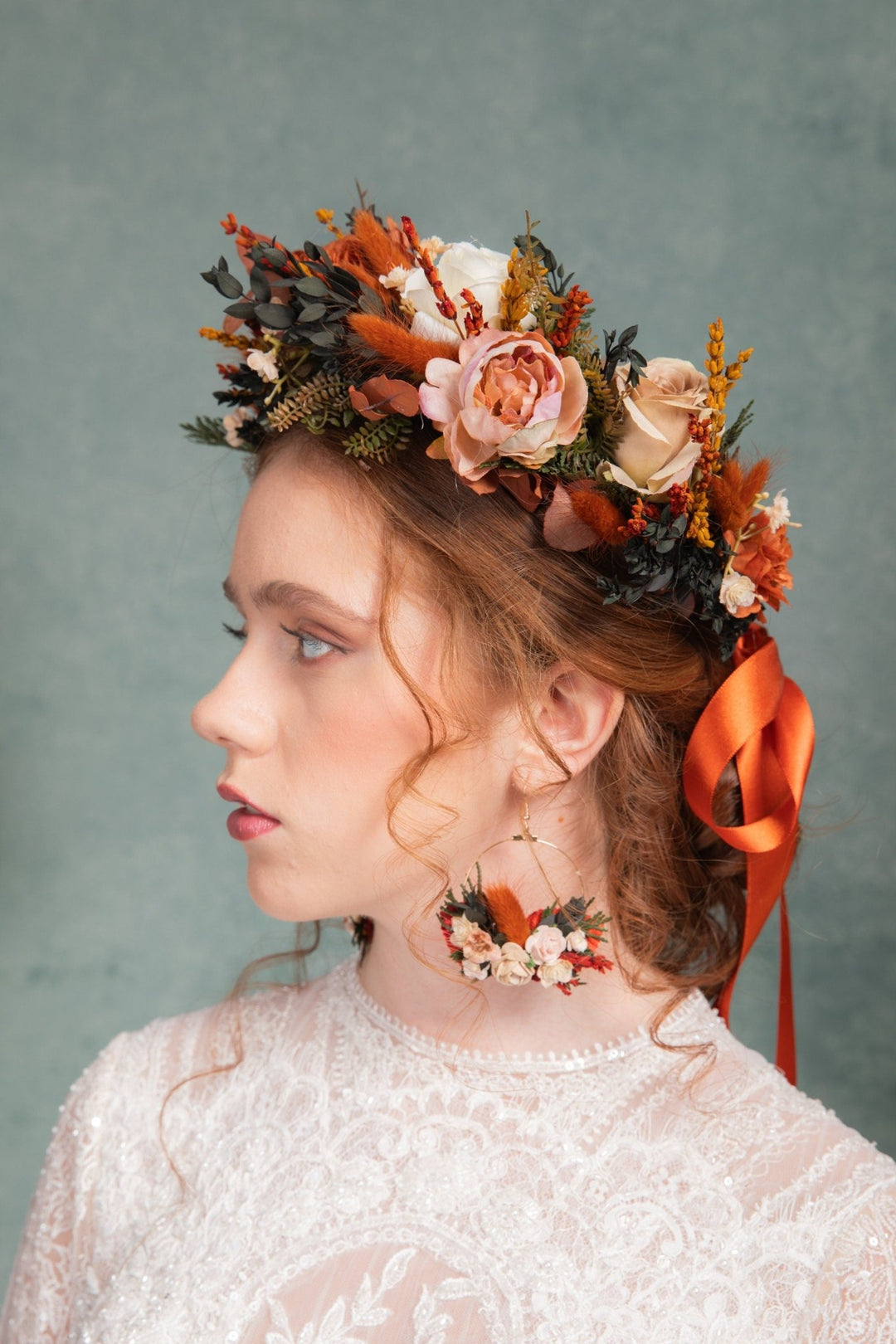 Boho Bridal Flower Crown: Terracotta Autumn Wedding Headpiece – handmade floral hair accessory by magaela
