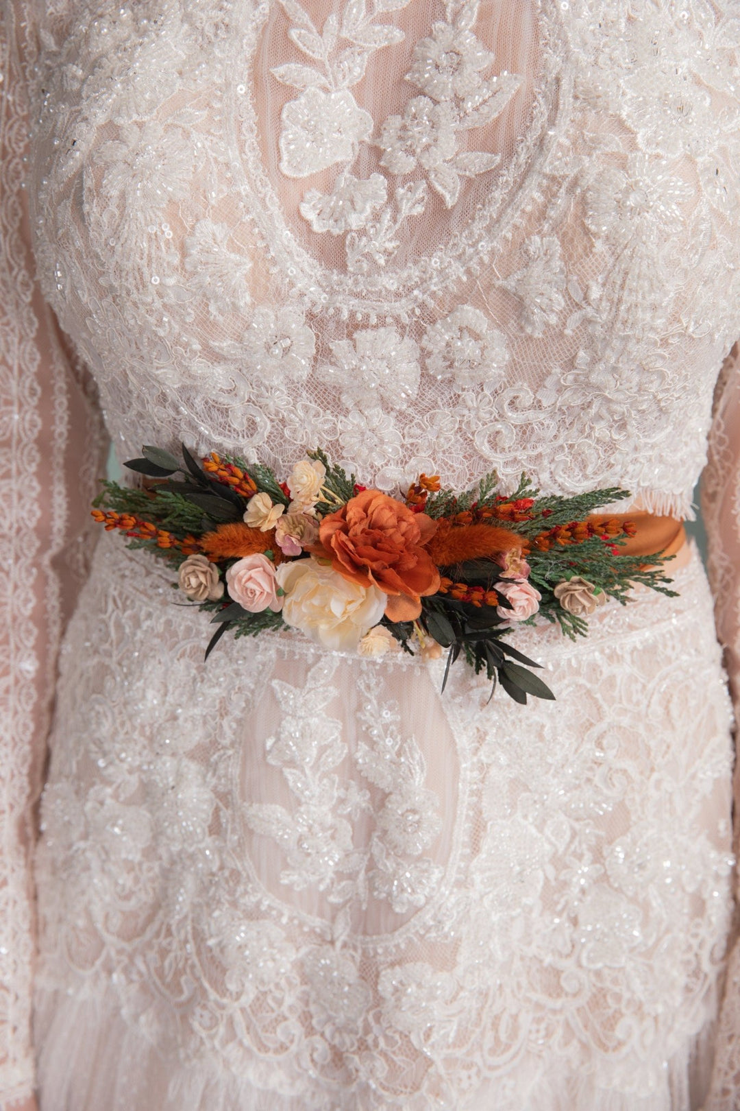 Terracotta Flower Bridal Belt: Orange Boho Wedding Dress Accessory – handmade floral hair accessory by magaela