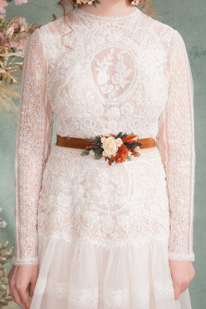 Terracotta Flower Bridal Belt: Orange Boho Wedding Dress Accessory – handmade floral hair accessory by magaela