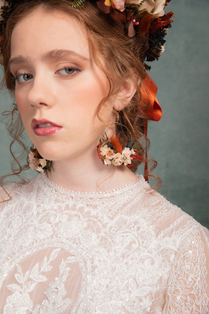 Terracotta Flower Circle Earrings: Autumn Wedding Jewelry – handmade floral hair accessory by magaela