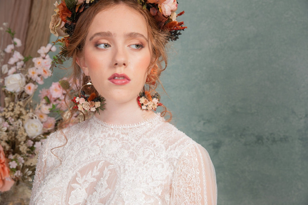 Terracotta Flower Circle Earrings: Autumn Wedding Jewelry – handmade floral hair accessory by magaela
