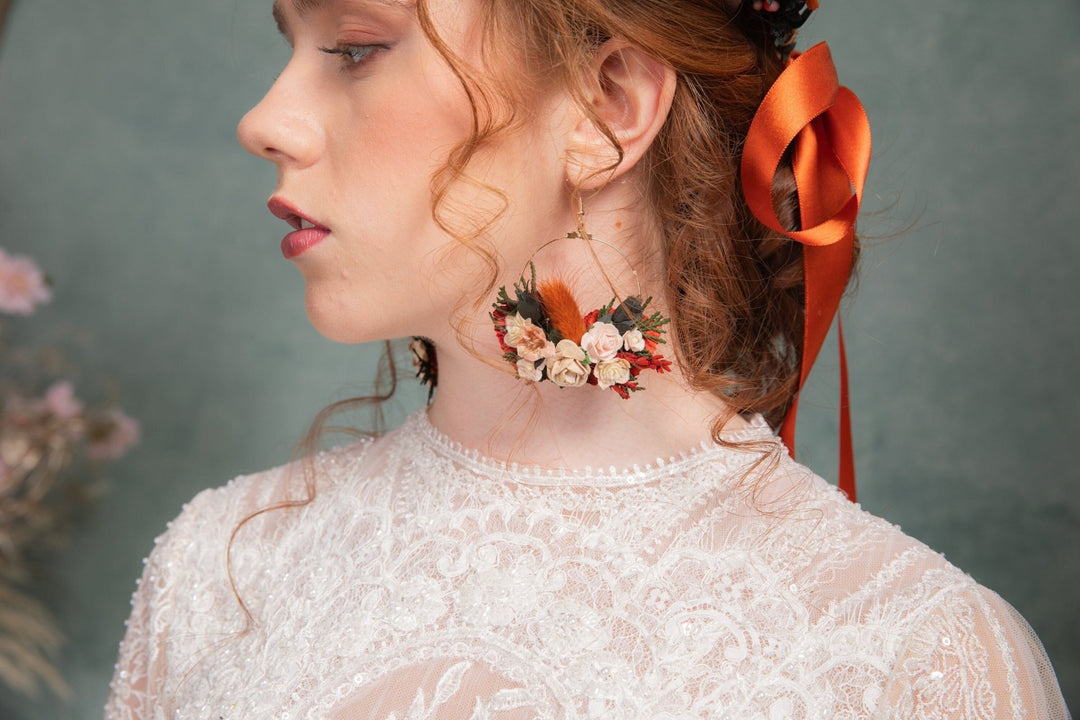 Terracotta Flower Circle Earrings: Autumn Wedding Jewelry – handmade floral hair accessory by magaela