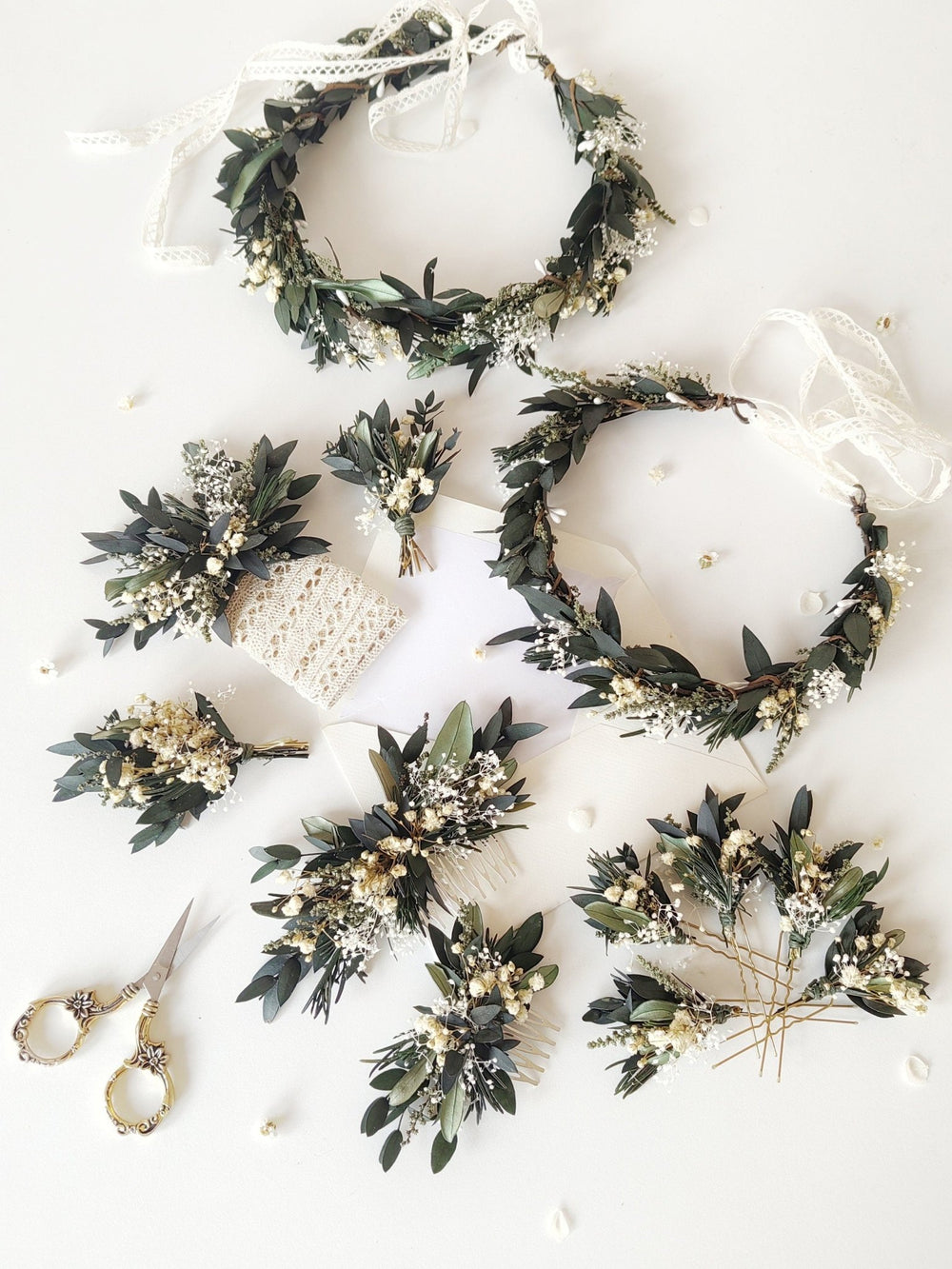 Eucalyptus Wedding Floral Set: Olive, Rosemary, Baby's Breath – handmade floral hair accessory by magaela