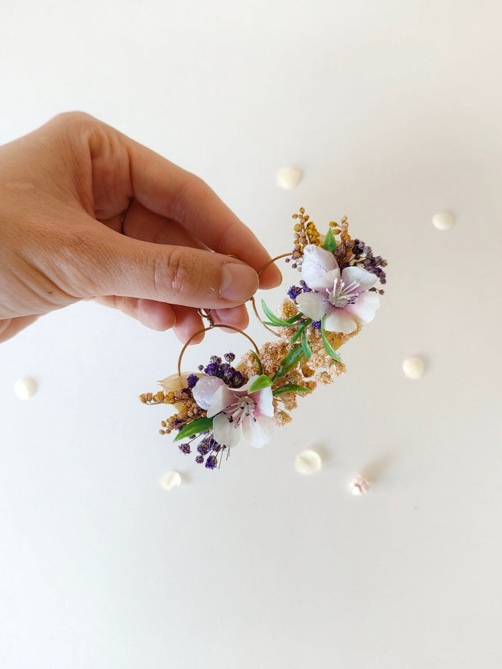 Purple Flower Earrings: Circle Wedding Jewelry, Bridal Accessories – handmade floral hair accessory by magaela